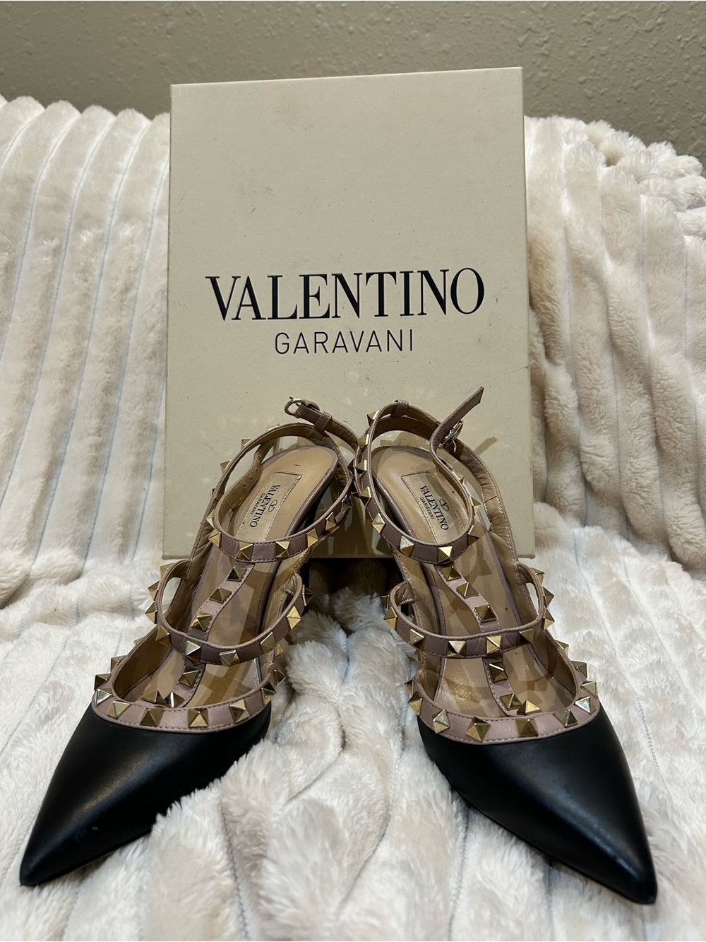 Valentino Garavani Black & Beige Rockstud Strappy Pointed Slingbacks
